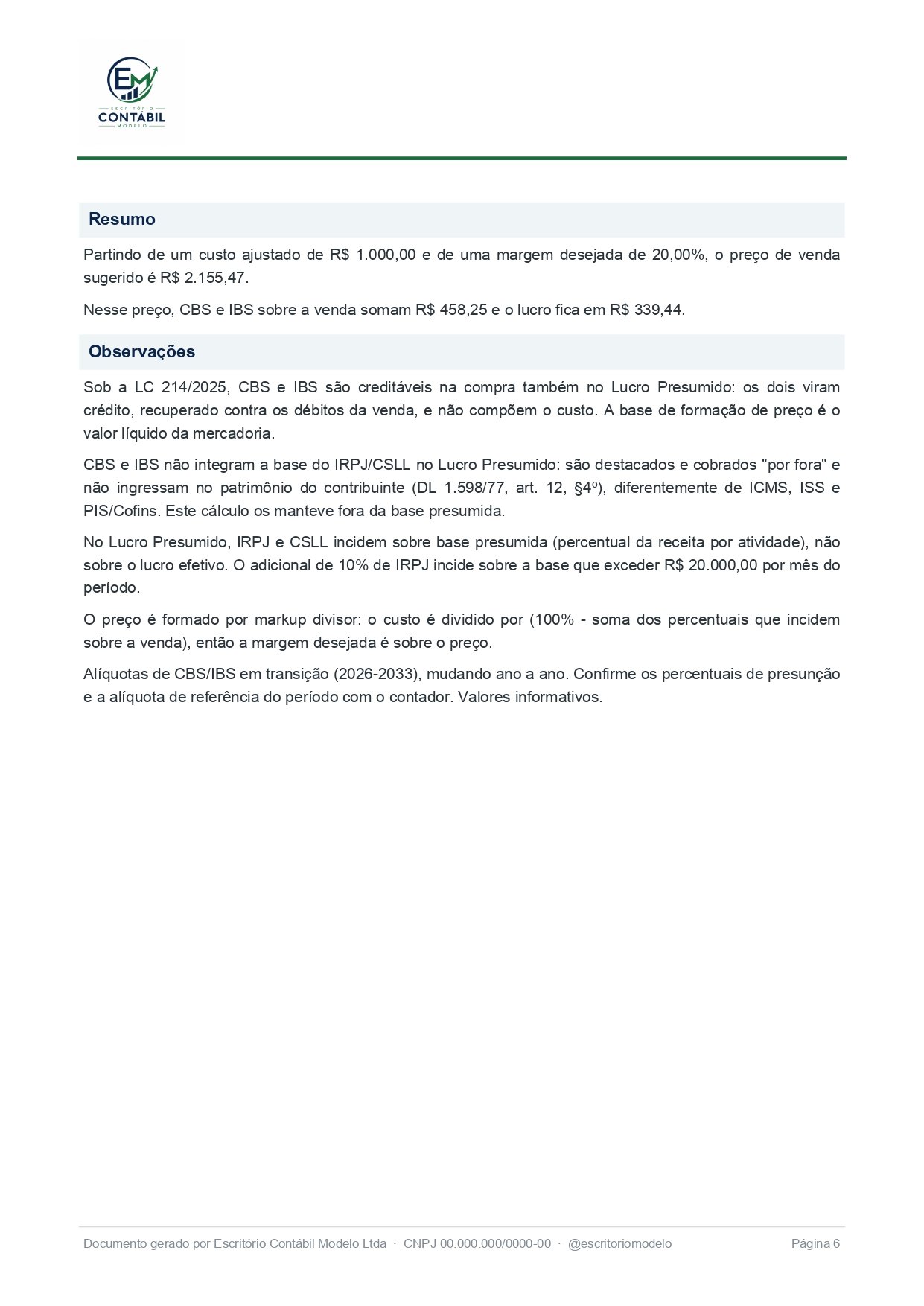 Página 6 do relatório de amostra: Análise do preço